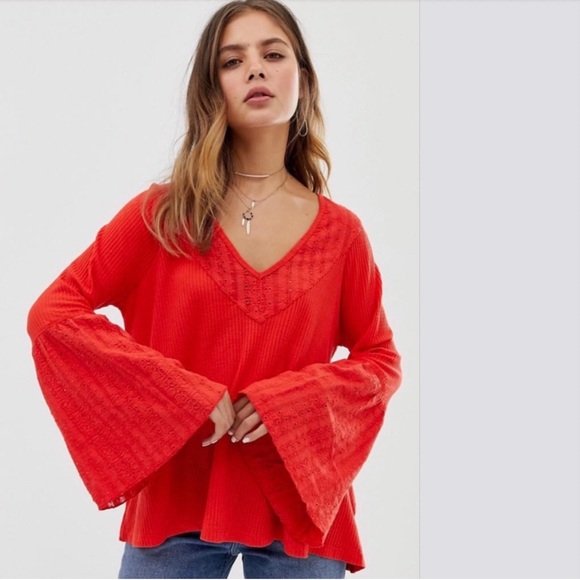 Free People Parisian Nights Blouse Top Red NWT - Picture 6 of 7